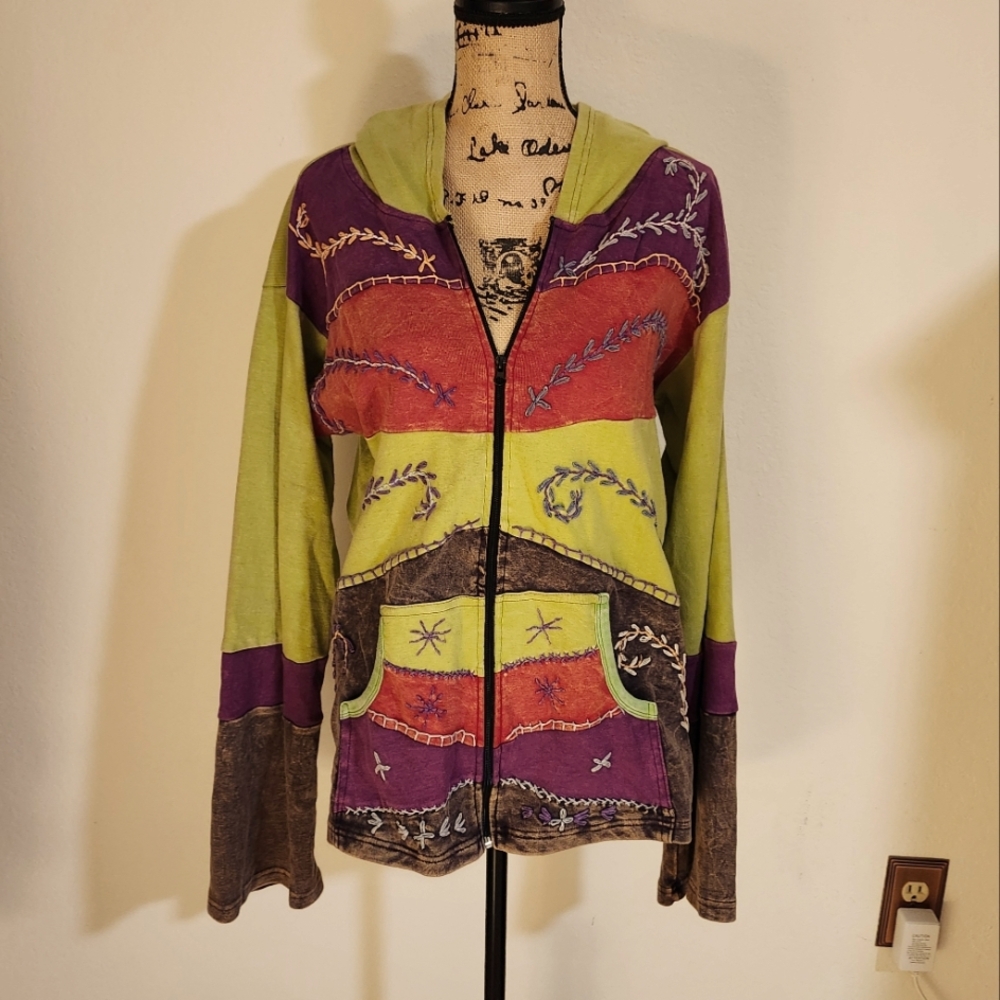 Rainy Arizona Boho Embroidered Multi Color Full Zip Hoodie Sz XL